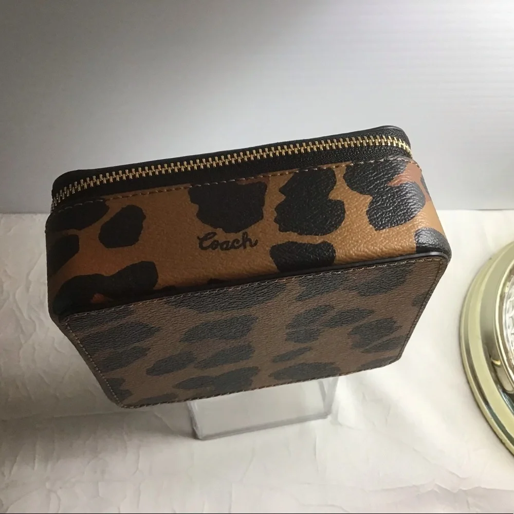 Coach Leopard Print Travel Jewelry Case in Brown and Black with Mirror